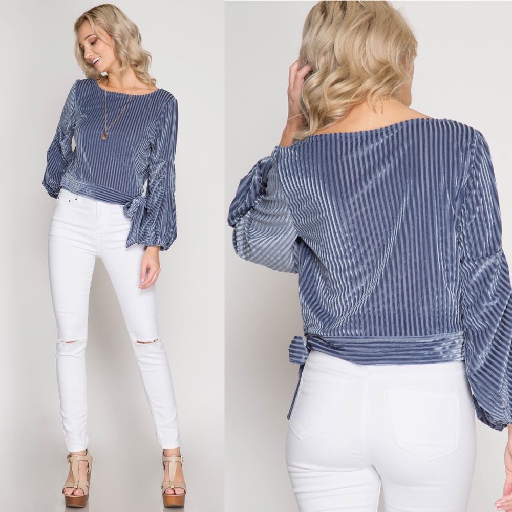 FINAL SALE! Blue Velvet Side Front Tie Waist Sweater - Picture 2 of 6